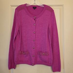Size L Womens Talbots Merino Wool Cardigan Sweater Gold Buttons Classic Pockets